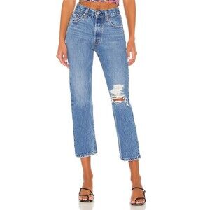 Levis Premium Women 501 Original Crop Denim Jean Blue Straight Leg High Rise New